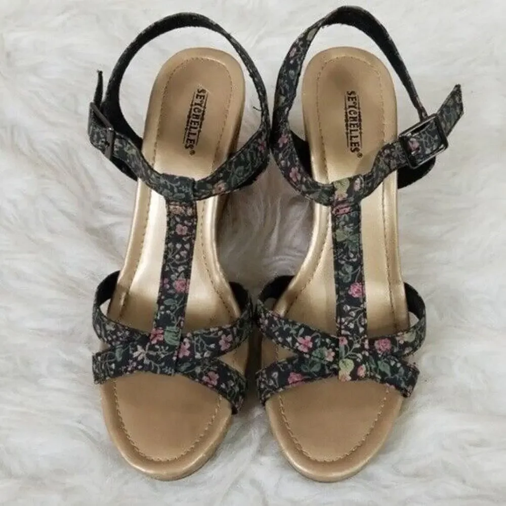 Seychelles Black Floral Print Fabric T-Strap Wedge Sandals Women's 9